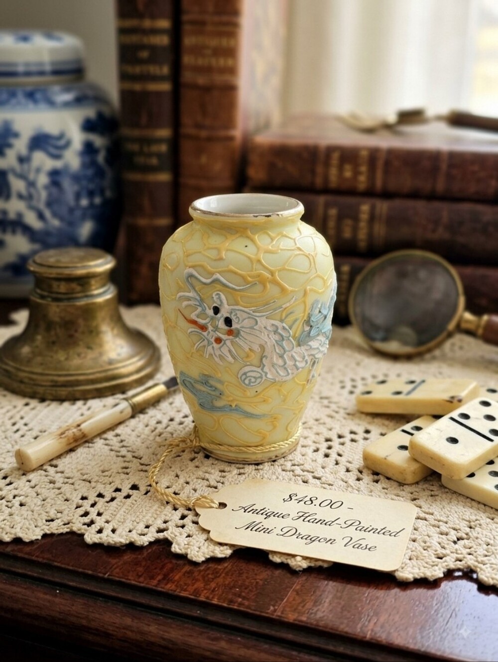 Vintage Miniature Moriage Dragonware Vase Yellow Raised Enamel Made in Japan